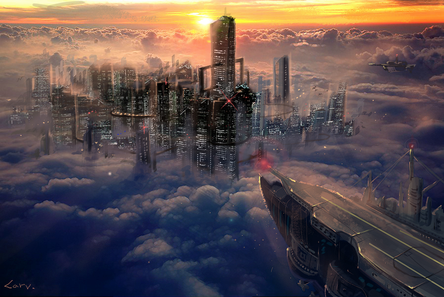 3 二次風景画像 14枚 ファンタジー 近未来 空中都市 飛行船 イラスト